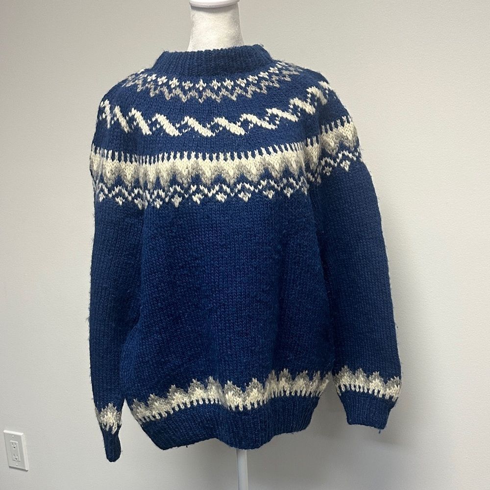 Hand Knitted Wool Sweater, Blue, White Grey Icelandic Norwegian Jumper Crew-neck